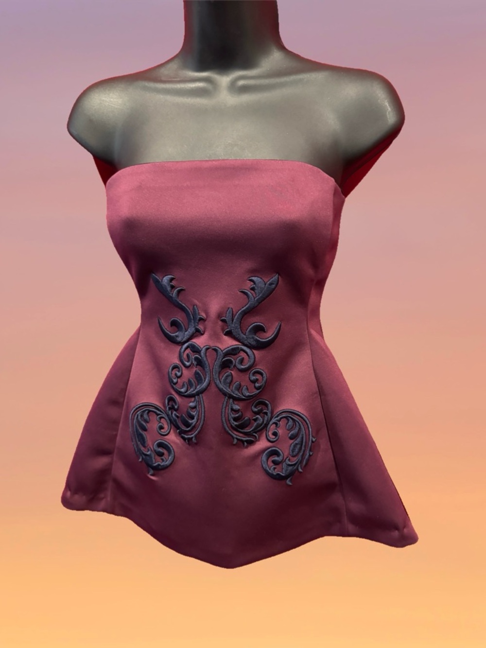 Strapless Rose-Mauve / Purple Embroidered Peplum Strapless Top